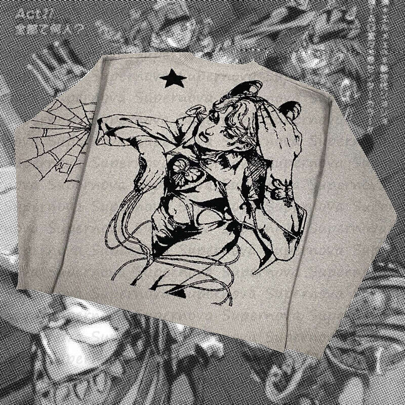 Gothic style anime jacquard pattern knitted warm sweater Halloween loose pullover for men and women