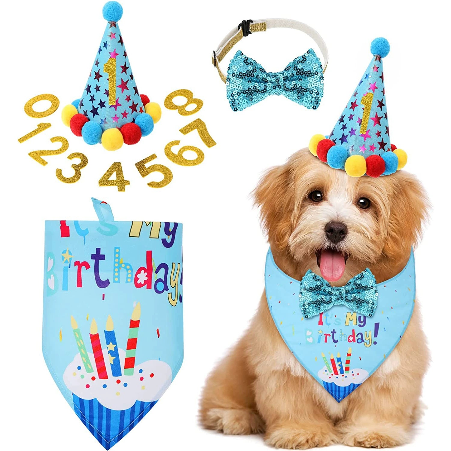 Dog Birthday Party Supplies, Multi Size Offered, Birthday Boy Dog Bandana, Dog Birthday Hat with Numbers for Medium Large Dogs Pets