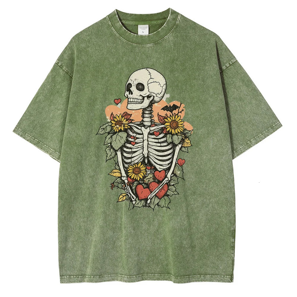 Heavyweight Cotton T Shirts Cute Skeleton Graphic Distressed Washed T Shirt Drop Shoulder Retro Gothic Oversized Tops 250226