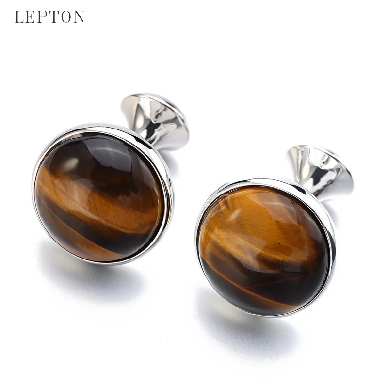 Low-key Tiger-eye Stone Cufflinks for Mens Lepton High Quality Round Tigereye Stone Cuff links Relojes gemelos Gift 250227