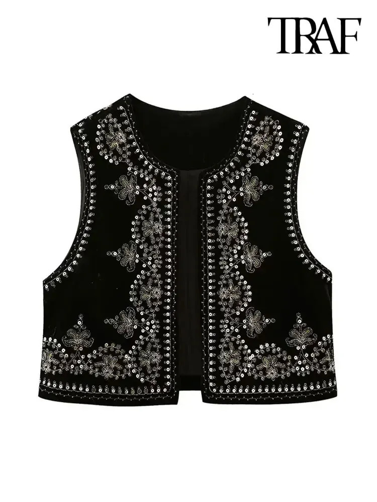 TRAF Women Fashion With Sequin Floral y Crop Waistcoat Vintage O Neck Sleeveless Female Outerwear Chic Vest Tops 250226