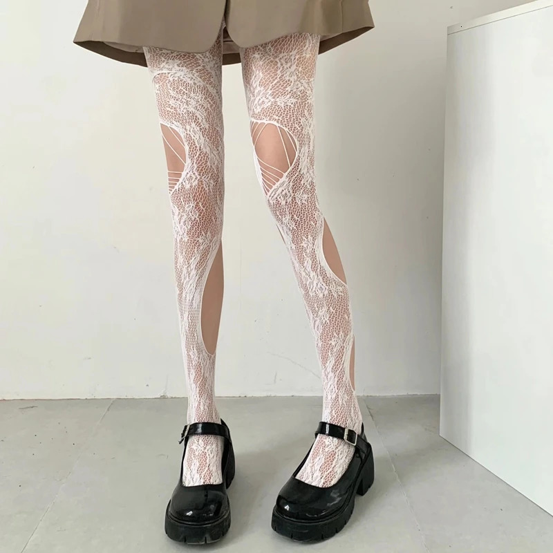 Sexy Broken Hole Lace Tights for Women Fashion Fishnet Long Stockings Easy Tearable Y2K Pantyhose Hollow Out Female Leggings 250227