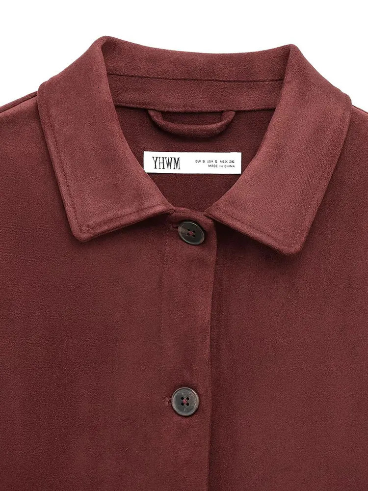 TRAF Suede Texture Casual Chic Women Jackets Solid Turndown Collar Pockets Loose Short Coats Fashion Outwears 250227