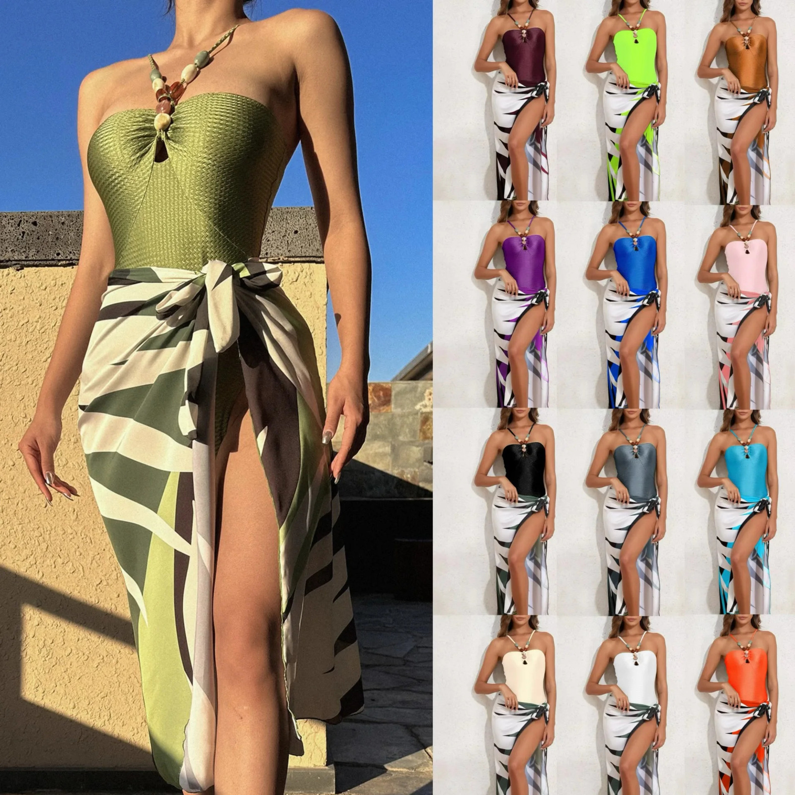 Womens one-piece swimsuit multicolor openwork gemstone strap bikini French two-piece dress swimsuit 250226