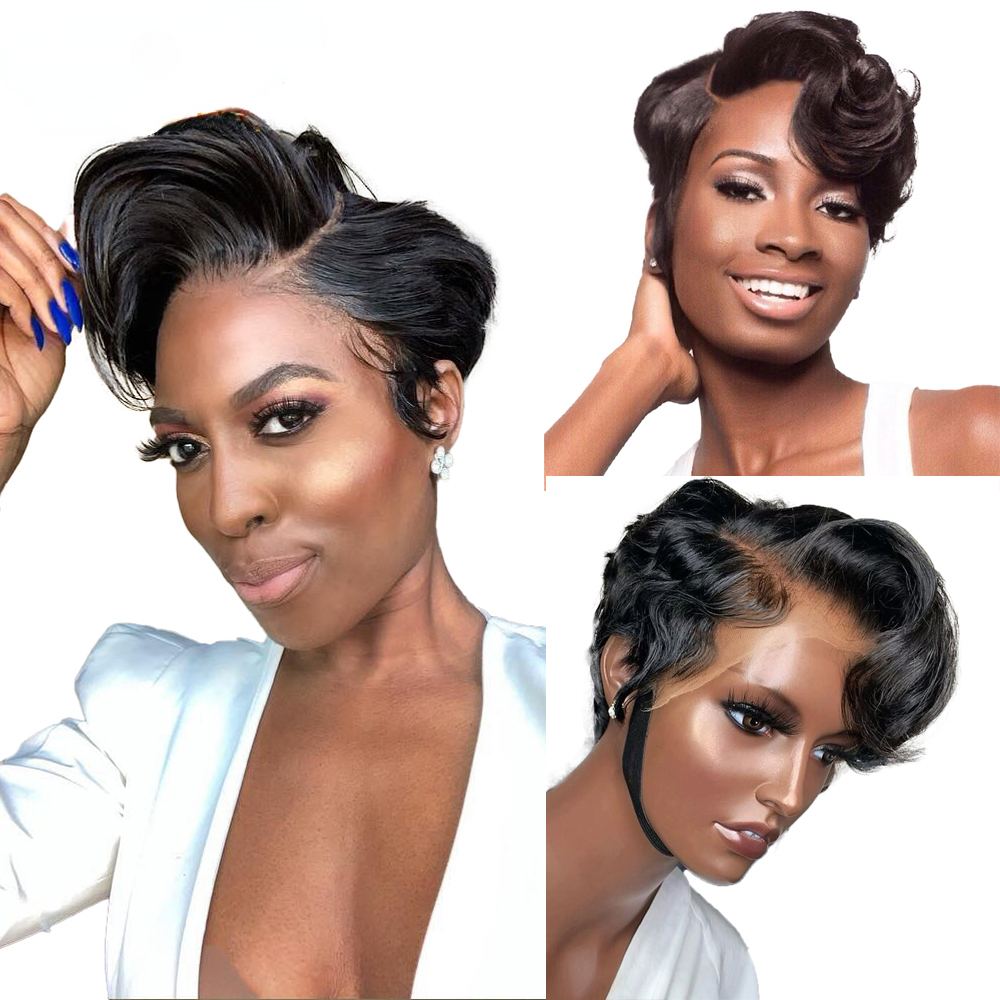 Free shipping 200density Straight Short 13x4 Lace Front Wigs Human Hair Pre Plucked Pixie Cut Wig Natural for Black Women