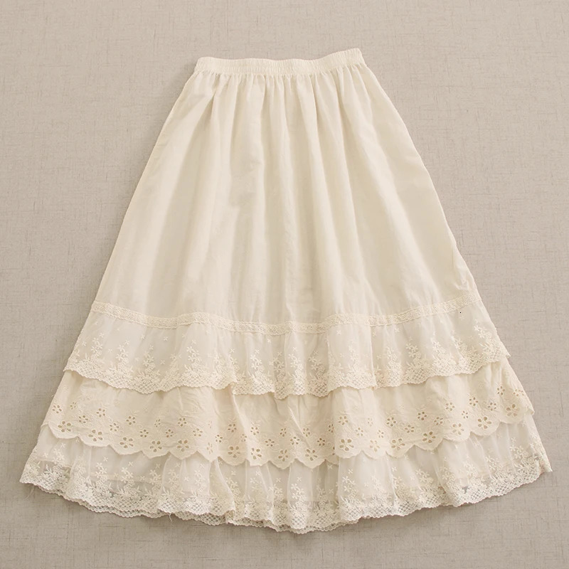 Japanese Sweet Mori Lace Floral Embroidery Cotton Skirt Women Korean High Elastic Waist Loose Underskirt A-line Skirts 250224