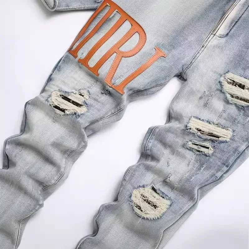 Mens Retro Leather Jeans Holes American Mens Elastic Slim Fashion Pants Versatile Mens Pants Do Old Worn-out Styles X250227