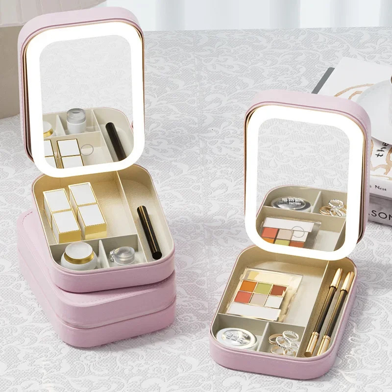 Ship from US LED Mirror Makeup Storage Box Cosmetics Fashion Portable Travel Bag Simple Case with for Woman 250227FBB