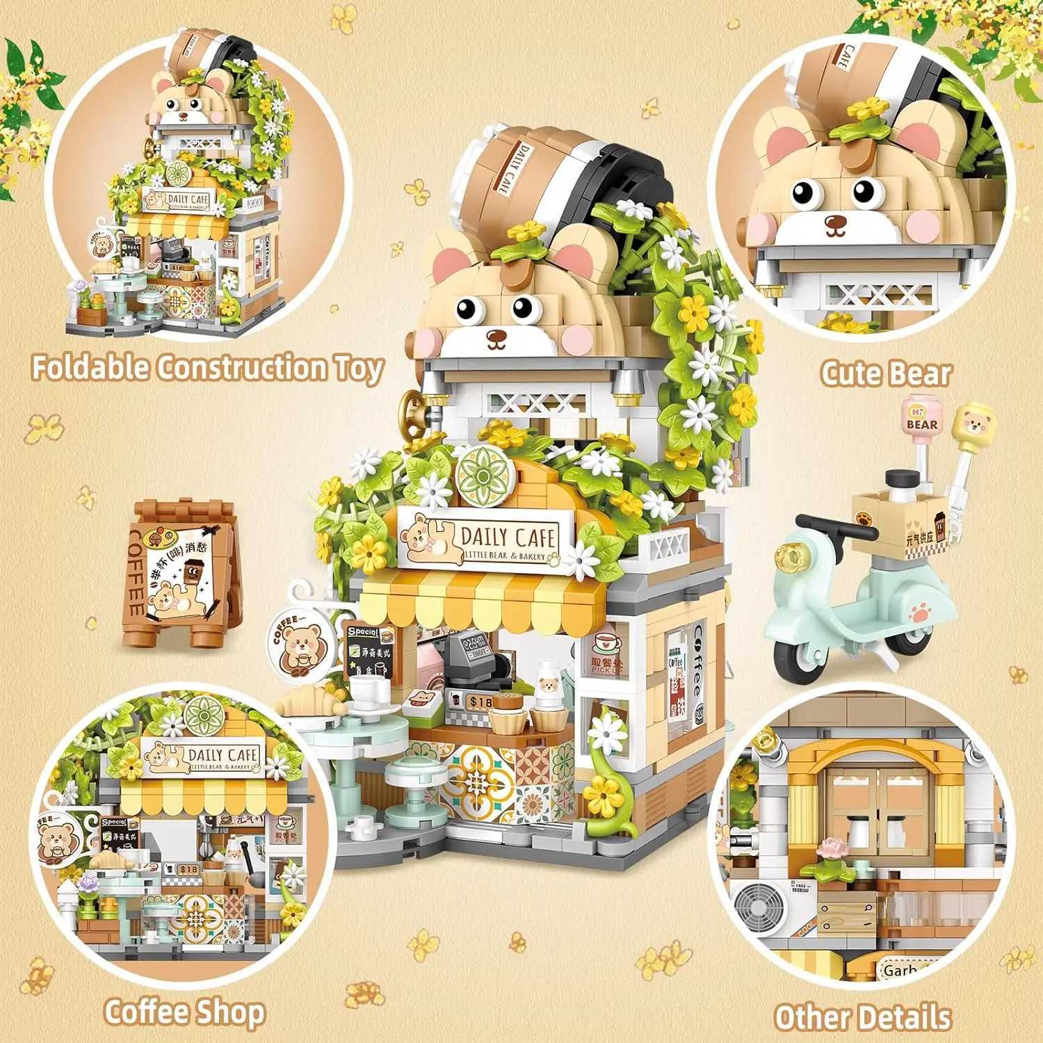 Mini Building Block MOC Creative Cute Panda Tea House Little Bear Coffee House Building Block Set Girl Street View Toy Y250227