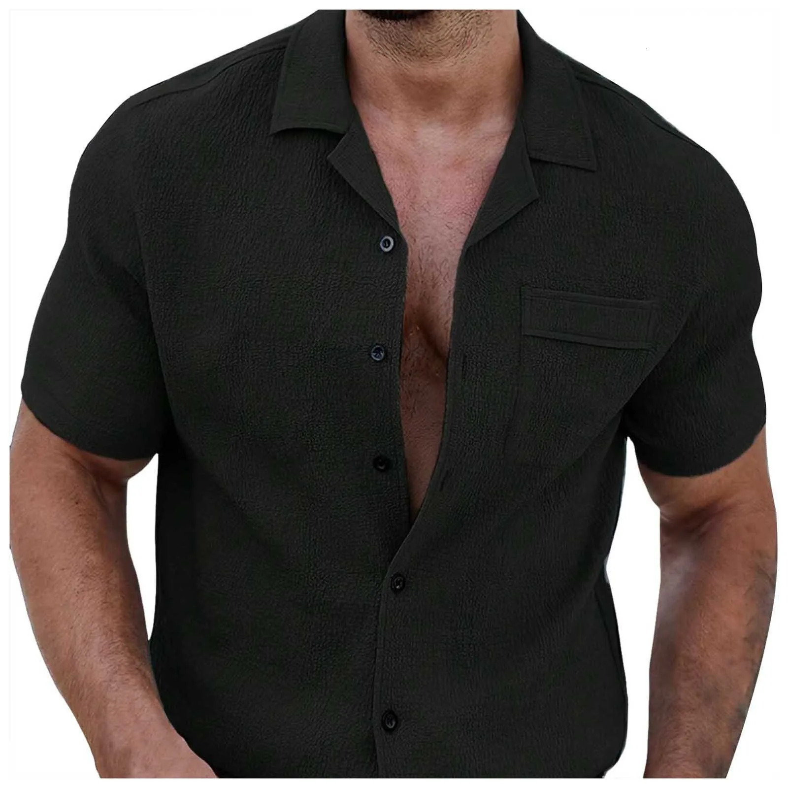 Mens Casual Short Sleeve Shirt Streetwear Lapel Button Down Shirts For Men Vintage Shirt Solid Vacation Blouse Mens Clothing 250222