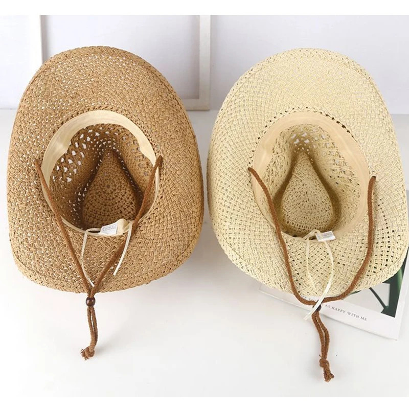 Summer Outdoor Men Women Hand-woven Western Cowboy Paper Straw Hats Wide Brim Breathable Beach Jazz Cap Sun Protection Hat 250218