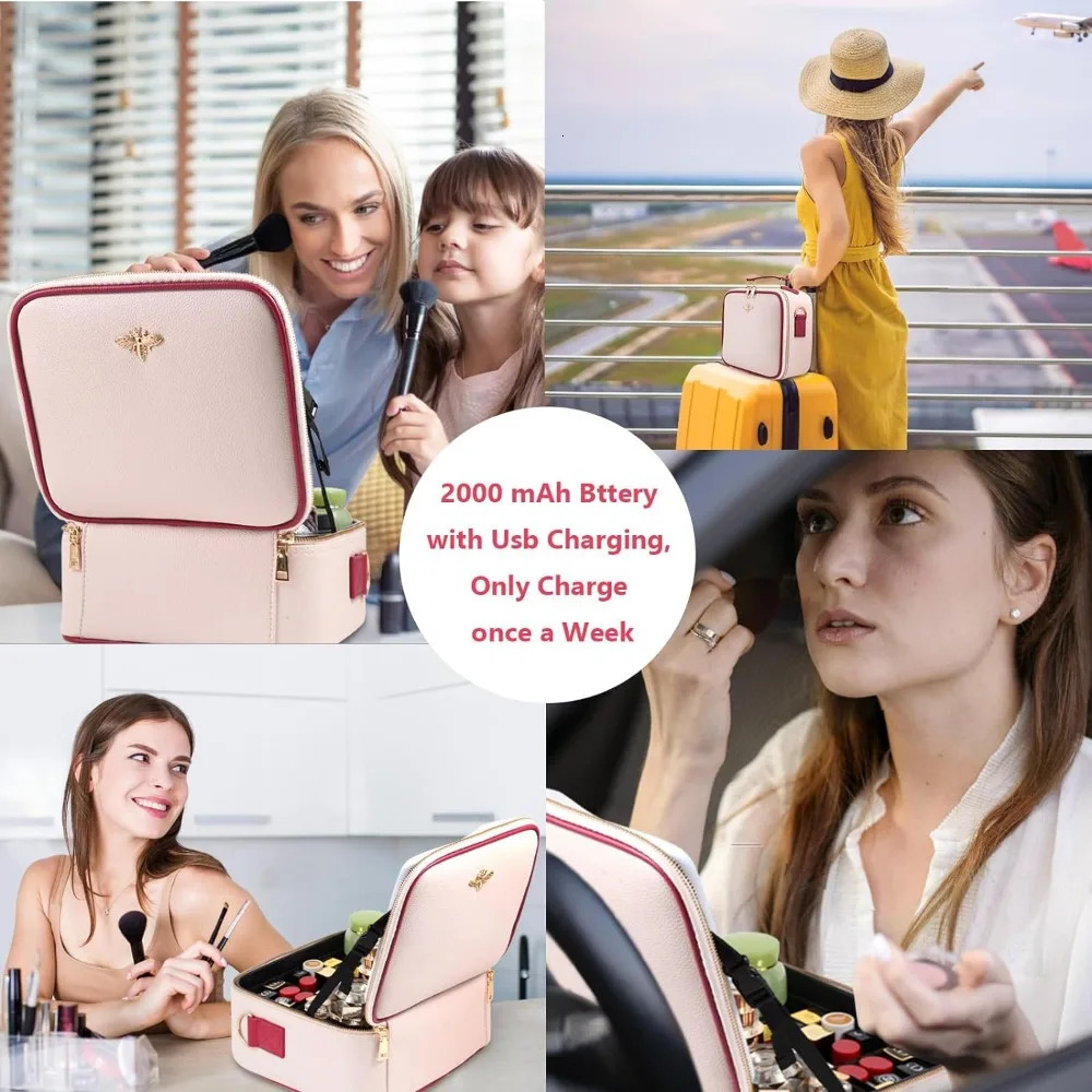 Ship from US Travel Makeup Bag with Mirror of LED Lighted Rechargeable Cosmetic Train Case Artist Organizer for Women 250227FBB