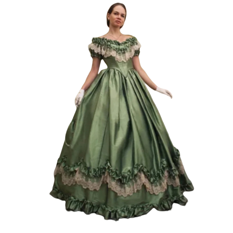 Vintage Medieval Prom Dresses Olive Green Floor Length Corset A-Line Princess Evening Gown Back Lace-up Wave Details Satin Special Occasion Dress
