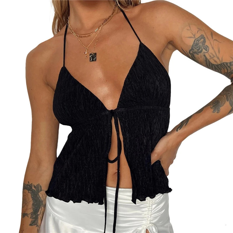 Sexy Summer Cami Top Bowknot LaceUp Sleeveless Cropped Vest Elegant Youth Clothes Women Fashion Off Shoulder 250227