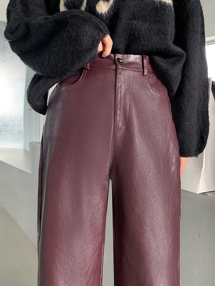 QOERLIN Fall Winter PU Leather Pants Women Elegant High Waist Pockets Faux Harem Pant Female Back Elastic Trousers 250227