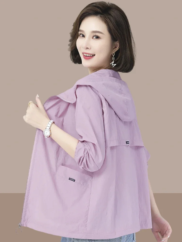 Womens summer thin solid color jacket womens sun protection hooded loose UV Z894 250227