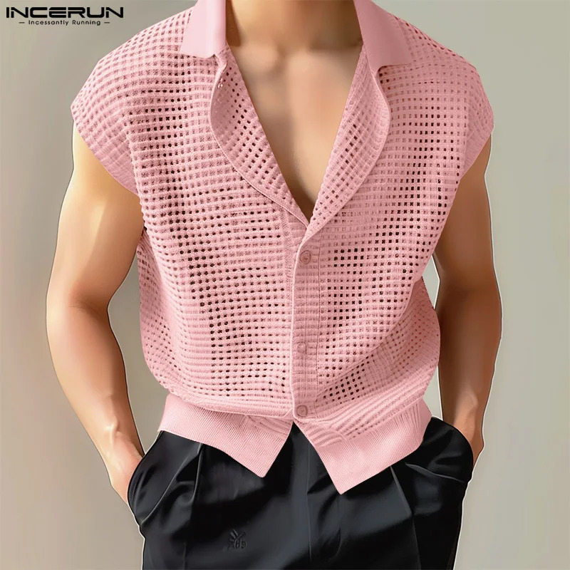 Mens Shirt Hollow Out Transparent Mesh Solid Lapel Sleeveless Summer Men Clothing Streetwear Casual Vests Shirts INCERUN 250222