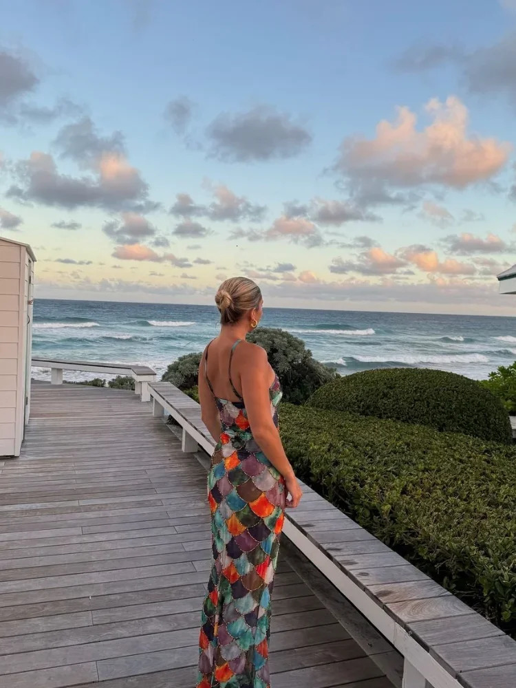 Women Sexy Sleeveless Backless Colorful Printed Sling Dress Elegant Splicing Slim Fishtail Skirt 2025 Chic Vacation Vestdios 250226
