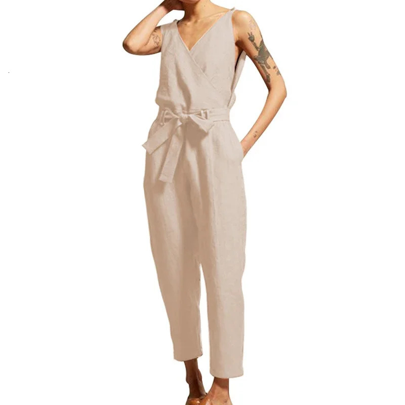 Cotton linen sleeveless womens jumpsuit summer solid Vneck brushed lace up waist straight leg plus size 250227