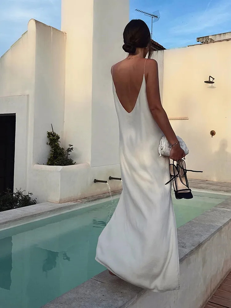 Women Fashion Solid Satin Long Dress For Women Causal U-neck Sleeveless Slim Fits Dresses 2025 Chic Vocation Street Partywear 250226