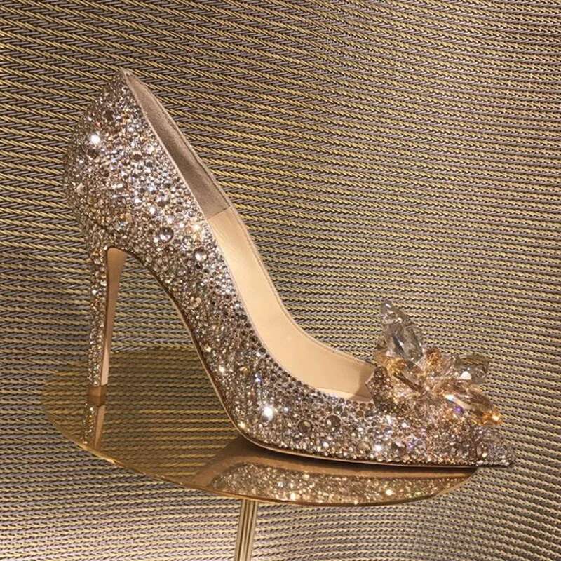Red Crystal Covered Pointy Toe Pumps Rhie Cinderella Heels Wedding Bridal Stiletto Heel Women Shoes