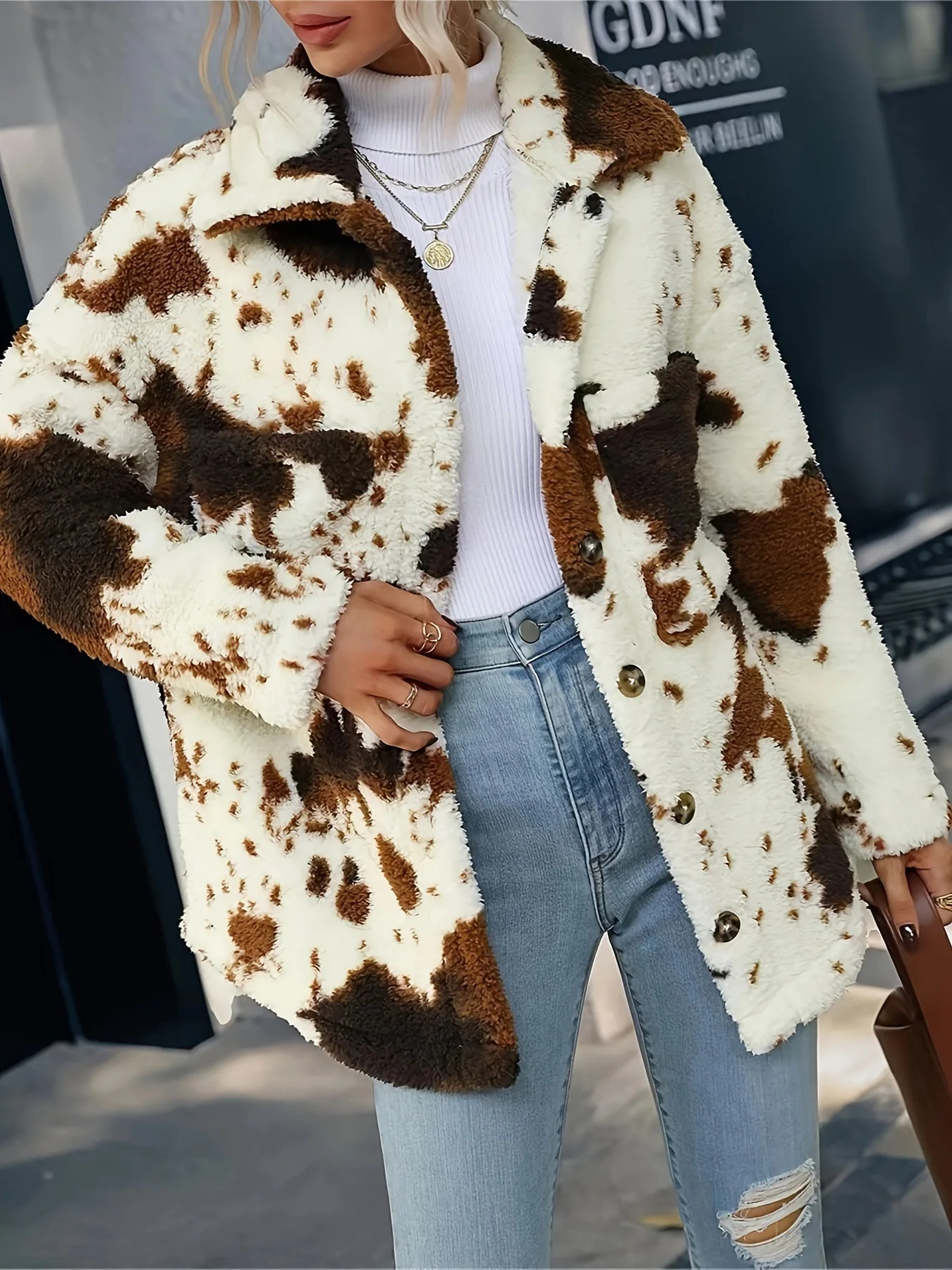 Womens Cow Print Doublesided Cashmere Coat Autumn Winter Loose Coats With Pockets Single Breasted Lapel Collar Plush Jacket 250227