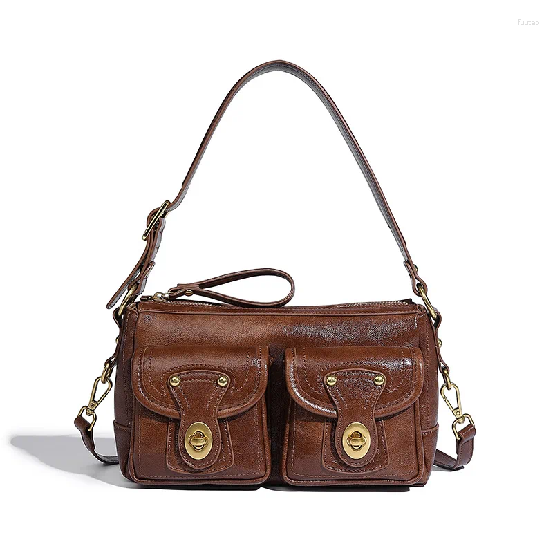 2025 - Totes Double Pocket Simple Retro Design Underarm Bag High-value Versatile Attendance One-shoulder Oblique Cross Postman - Highvalue Oneshoulder