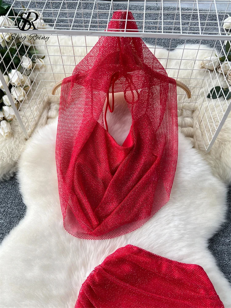 SINGREINY Sensual Vacation Styles Hoodeds Skirt Sets Mini TopShort Sim Skirt Set Female Shiny Hollow Out Irregualr Sheath Suits 250226