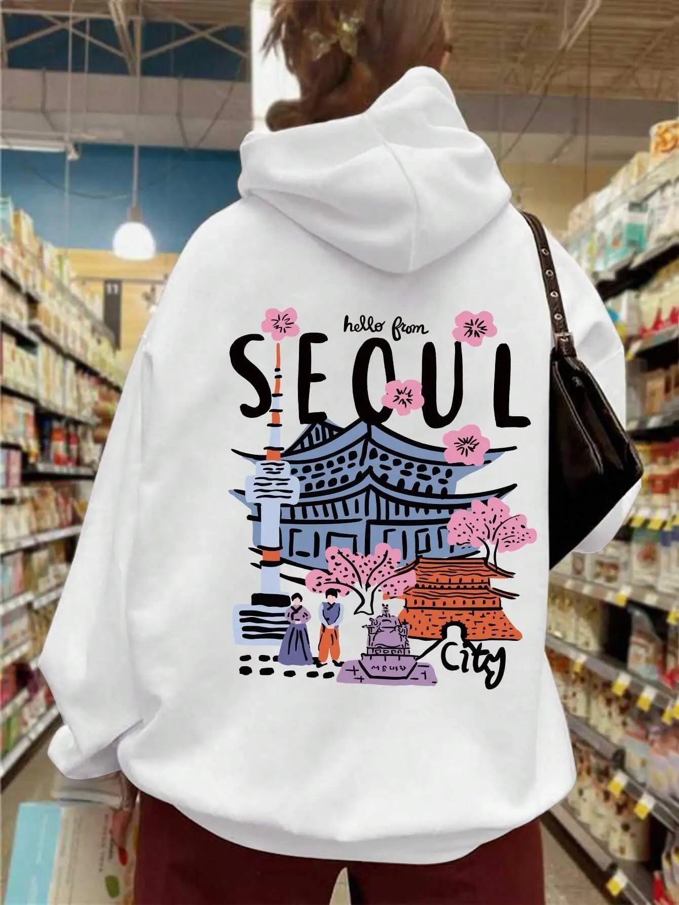Seoul Beautiful Scenery Printing Womens Hooded Warm Fleece Comfortable Hoodies Simple Soft Hoodie Street Casual Loose Pullover 250227