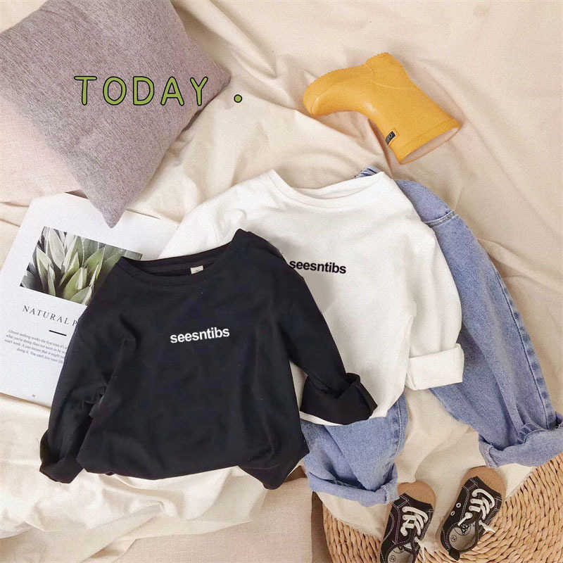 Tshirts Pure cotton childrens Tshirt long sleeved autumn boys letter printed westernstyle top baby girls base shirt spring and autumn childrens clothY