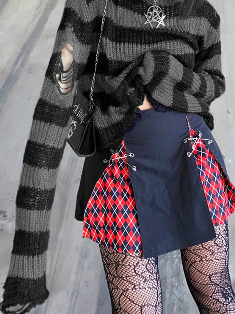 KOSAHIKI Striped Womens Crop Sweater Punk Streetwear Korean Style Hole Thin Knitted Gothic Long Sleeve Y2k Pullover 250225