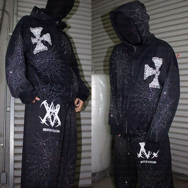 2025 Spring Dark Gothic Hip Hop Harajuku Complex Hot Diamond Zipper Men's and Women's Loose Hoodie