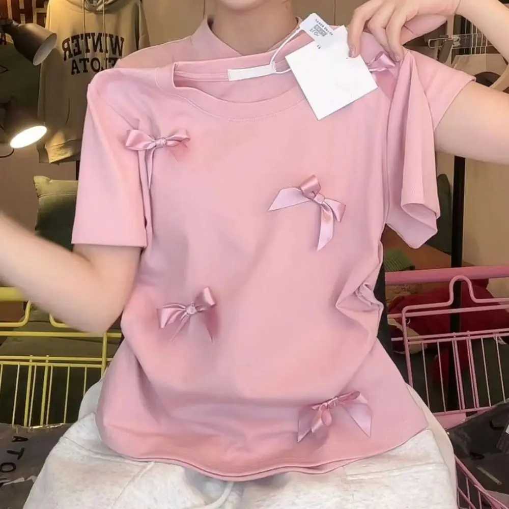 Elegant ballet bow T-shirt round neck Japanese style womens top solid color short sleeved ribbon crop vest womens topT250320