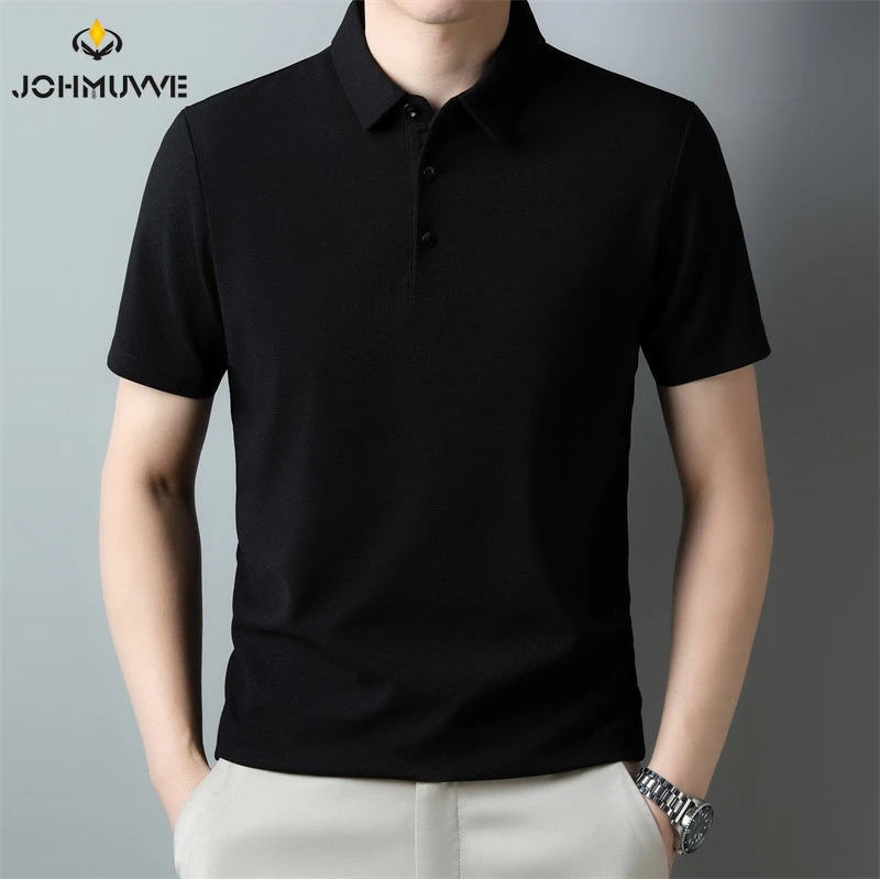 Mens Fashion Waffle Solid Short Sleeved Polo Shirt Summer Breathable Comfortable Top 250224