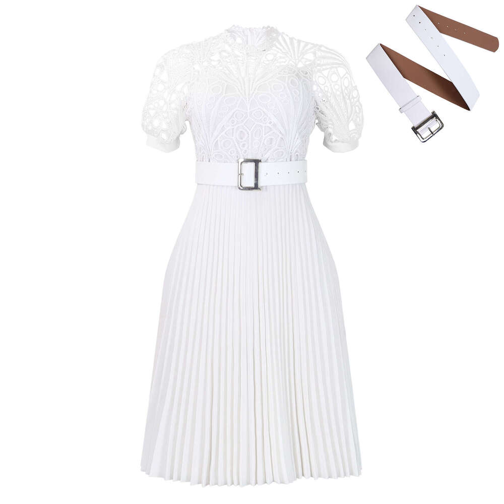 D499 European and American women's short sleeved lace patchwork pleated formal dress 2025 new style temperament chic elegant clothing