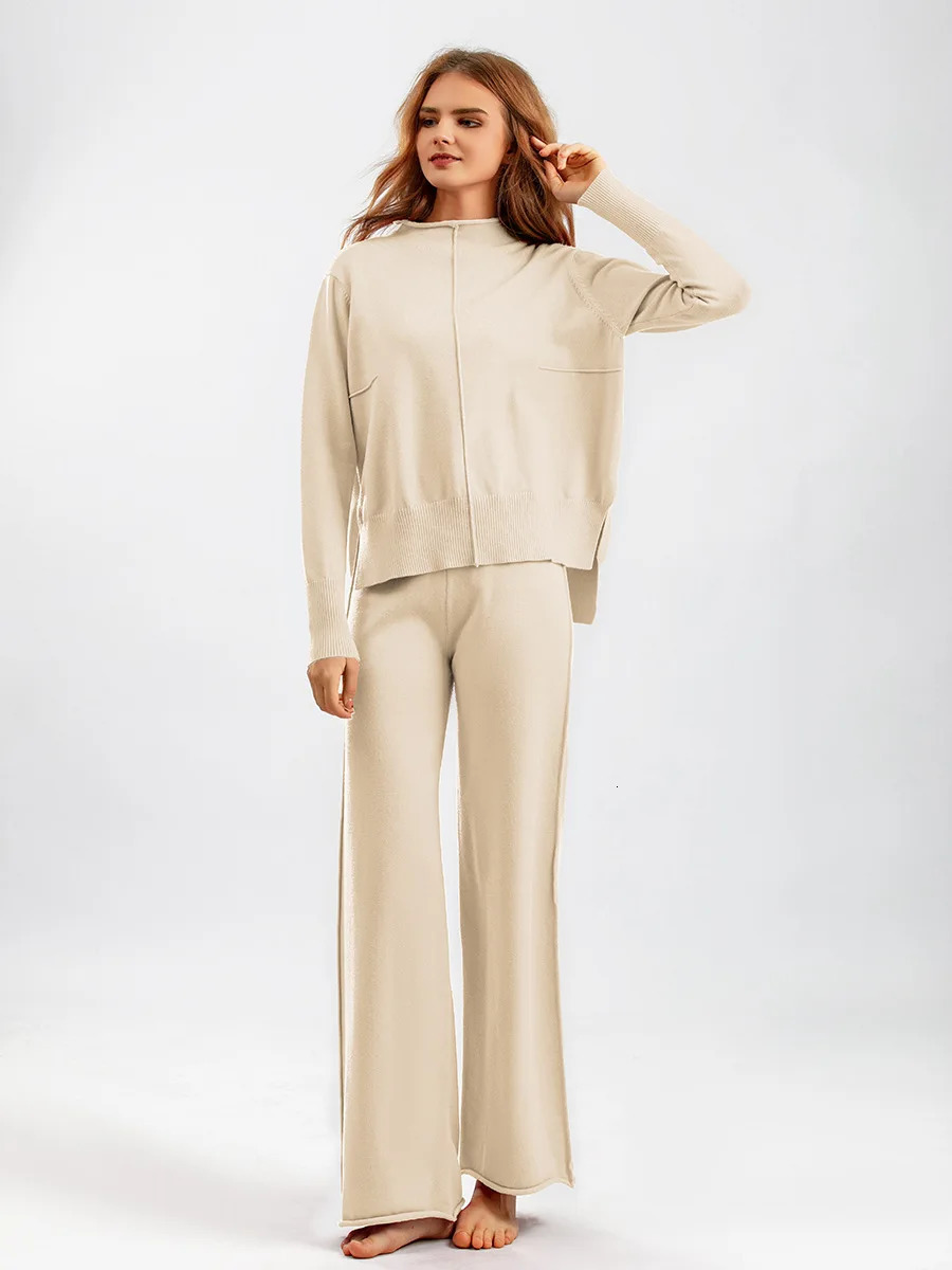 Warm 2 Piece Pant Suits For Women Knitted Long Sleeve Set Top And Pants Tracksuit Outwear Sweater CHIC 250226