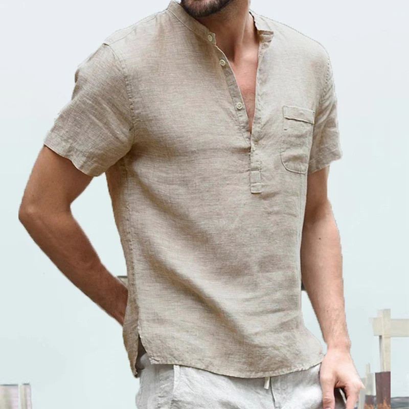 Mens Casual Hip Pop TShirt Summer ShortSleeved Linen Shirts With StandUp Collar Soild Shirt Buiness To 250226