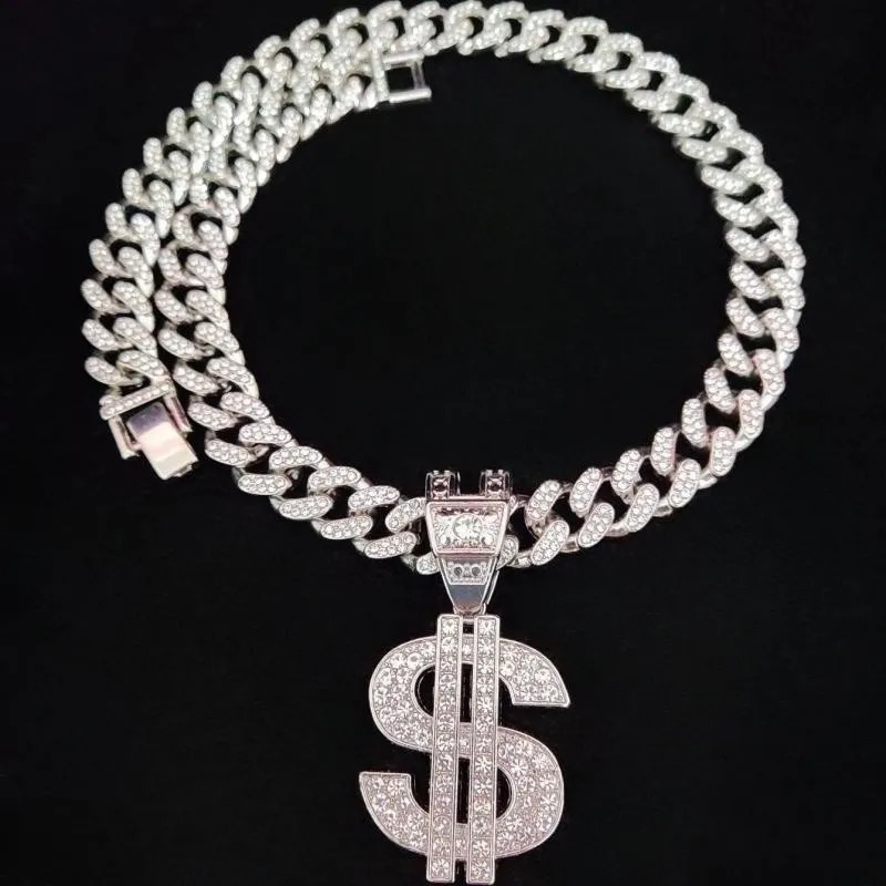 Men Women Hip Hop Dollar Pendant Necklace with 13mm Cuban Chain Hiphop Iced out pendants Necklaces Fashion Punk Jewelry Gifts 250227