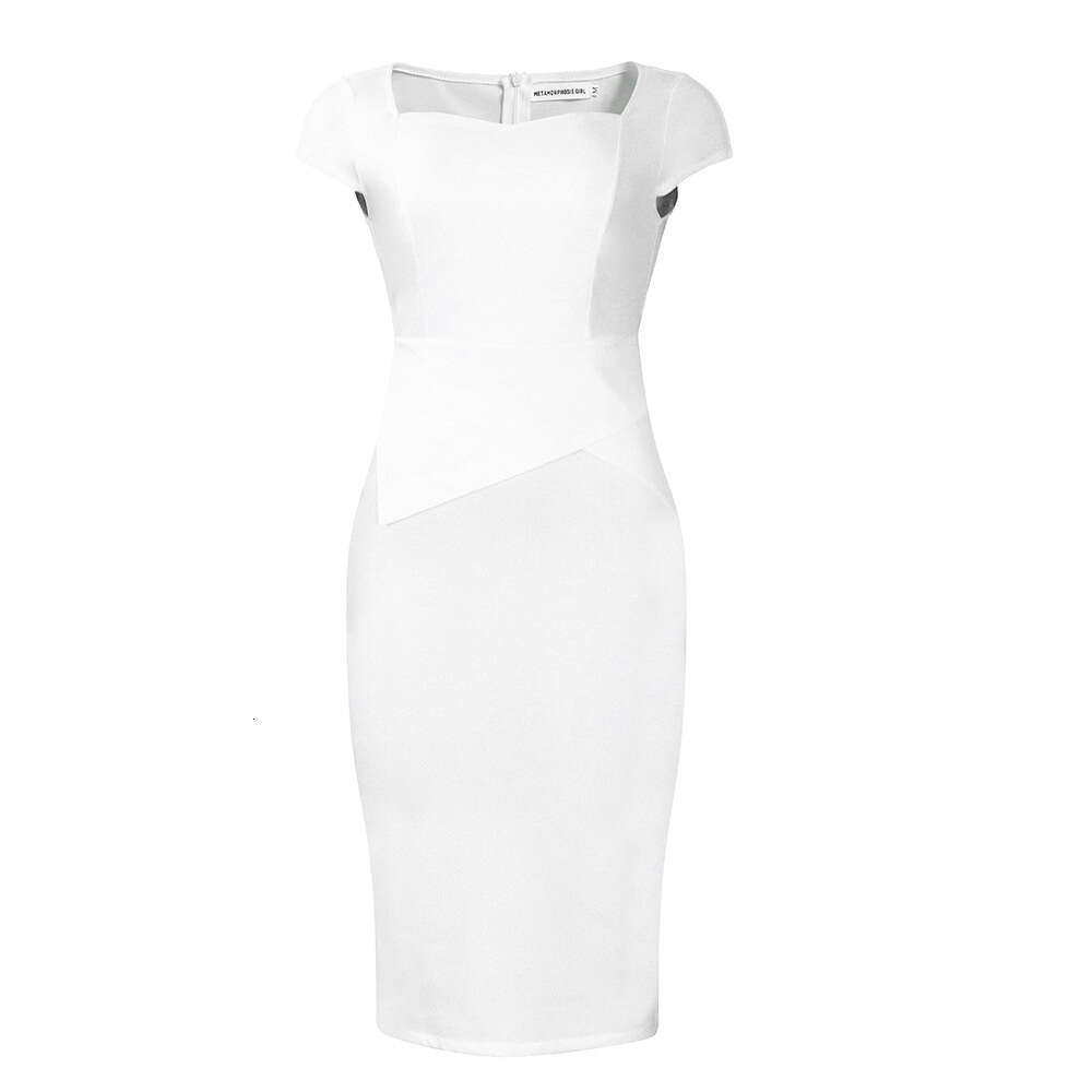 D347 European and American women's short sleeved solid color hip hing work office dress 2025 temperament versatile new trend clothing ins