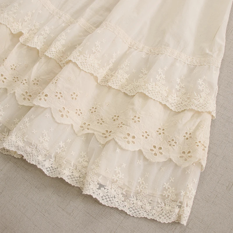 Japanese Sweet Mori Lace Floral Embroidery Cotton Skirt Women Korean High Elastic Waist Loose Underskirt A-line Skirts 250224