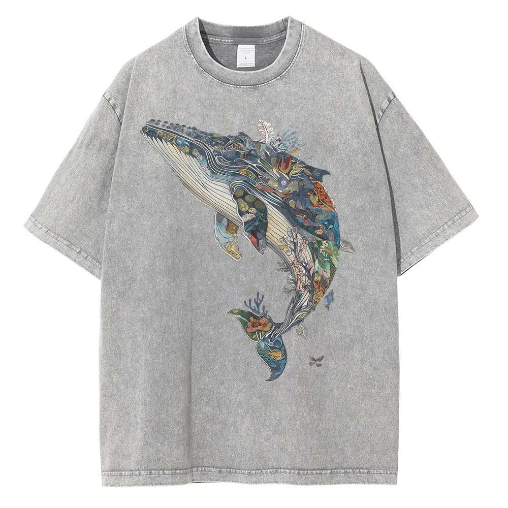 Men's Whale Printed Pattern T-shirt Casual High Street Printed Designer T-shirt Oversized T-shirt Outdated Washed Cotton Versatile Fashion Men�