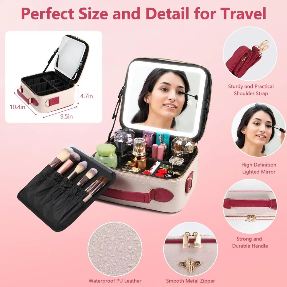 Ship from US Travel Makeup Bag with Mirror of LED Lighted Rechargeable Cosmetic Train Case Artist Organizer for Women 250227FBB