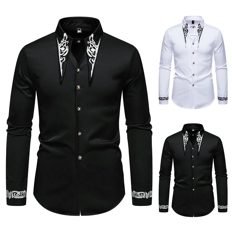 Men Long Sleeve Shirts Floral Collar Mens Dress Shirt Male Groomsman Clothes Chemise Hemd Homme Shirts S65 250224