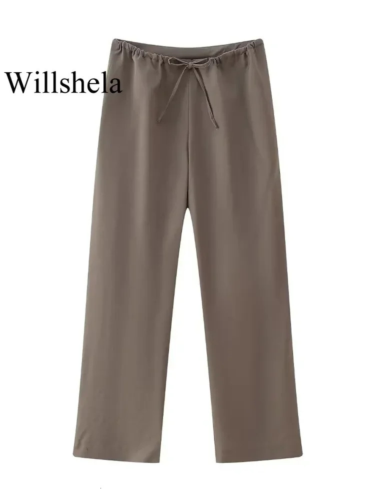 Willshela Women Fashion Two Piece Set Brown Pleated Halter Neck Tops Straight Pants Vintage Female Chic Lady Suit 250226