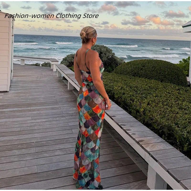 Chic Fish Scale Print Halter Backless Maxi Dress Women Sexy Sleeveless Bodycon Contrast Vestidos Summer Vacation Beach Dresses