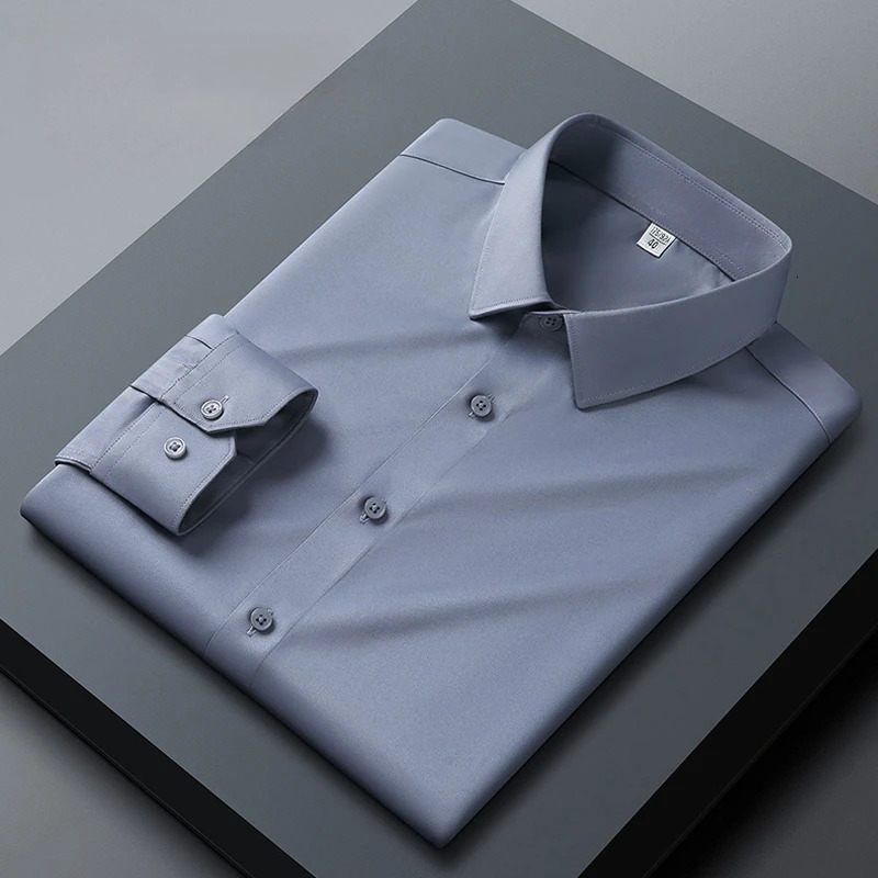 Long sleeved shirt for mens business casual orange non ironing wrinkle resistant elastic solid color mens shirt style 250224