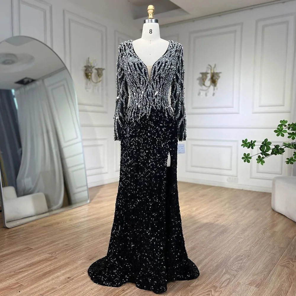 Luxury Black Mermaid Dubai Evening DressesV-Neck Long Sleeves Arabic Women Formal Party Gowns Customized