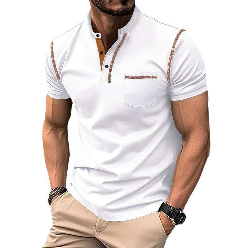 2024 Summer Short sleeved Henley Shirt Men's Round Neck Color Block T-shirt