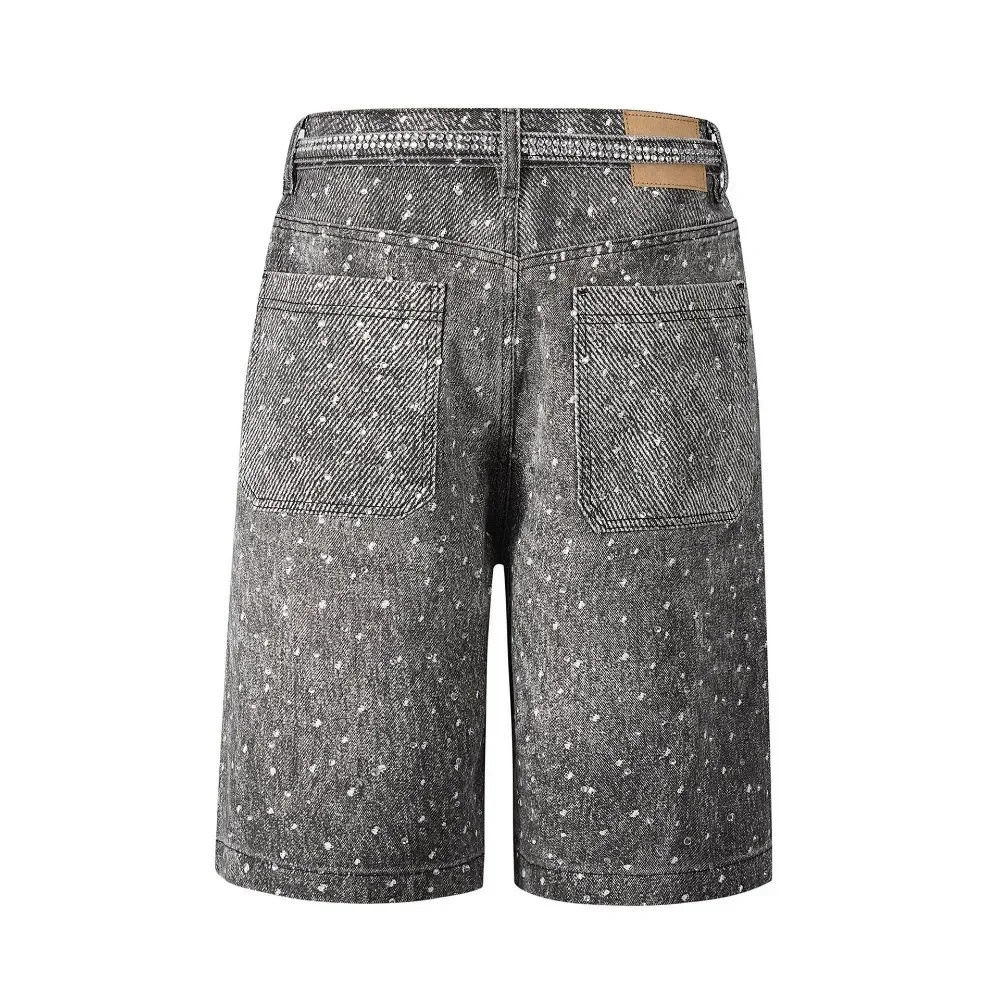 Tung Sung Full Diamond Printing Diamond Belt Wash Casual Loose Straight Jeans Hip Hop Y2k Men Jorts 250226