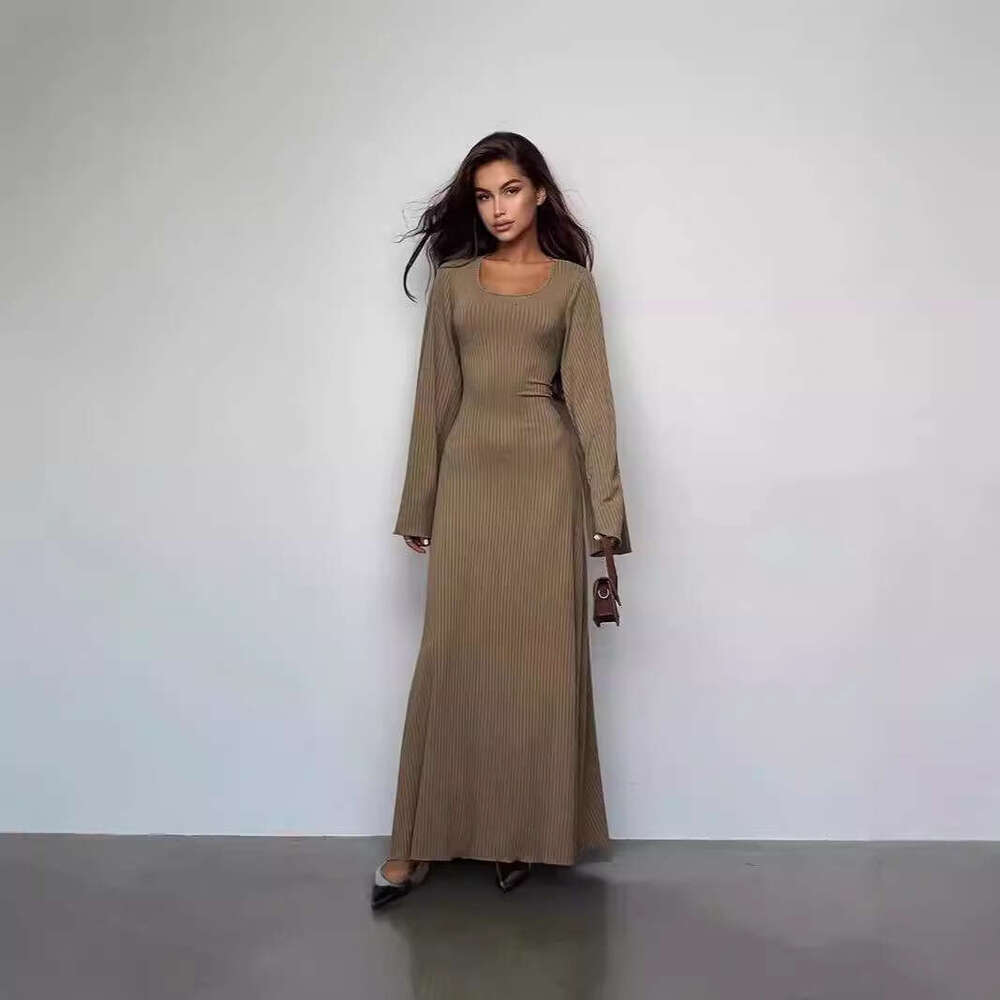 Women's autumn loose U-neck back strap long sleeved dress 2025 new casual fashion trend clothing